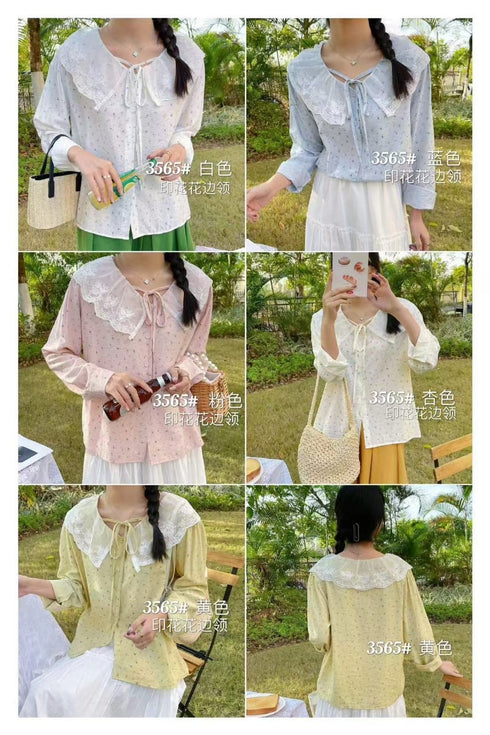 Floral Print Lace Pinter Pan Collar Long Sleeves Korean Tops